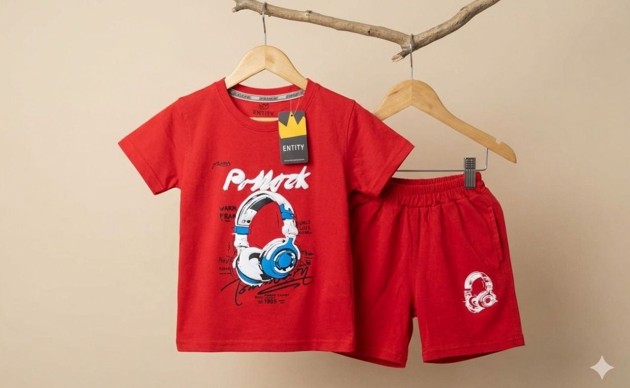 Boys Red T-Shirt & Shorts Set – Headphone Print