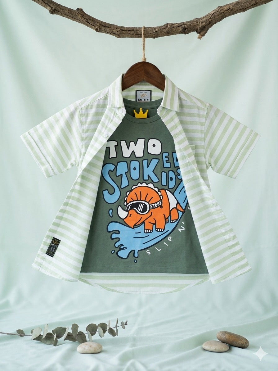 Casual Double Shirt Sage Green Lines | Dino Print