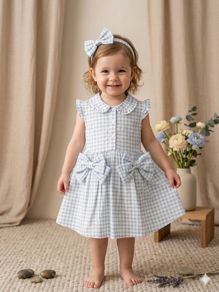 Baby Girl Blue Check Bow Dress – Soft Cotton