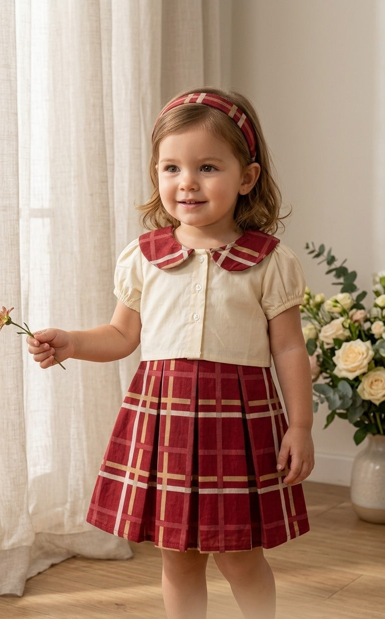 Red Plaid Frock with White Collar Top