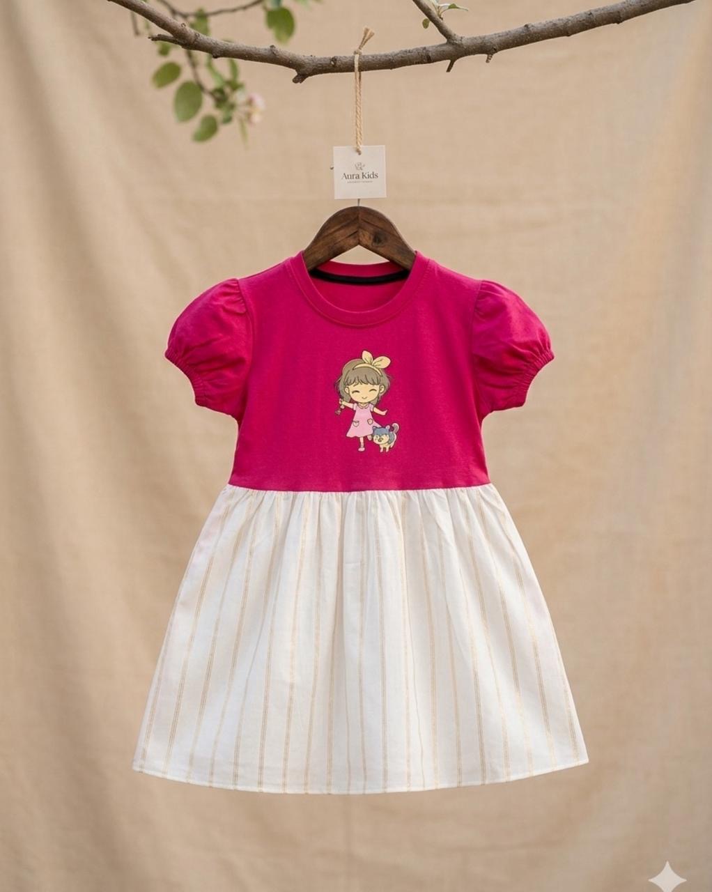 Girls Cute Cartoon Dress – Pink & White Cotton