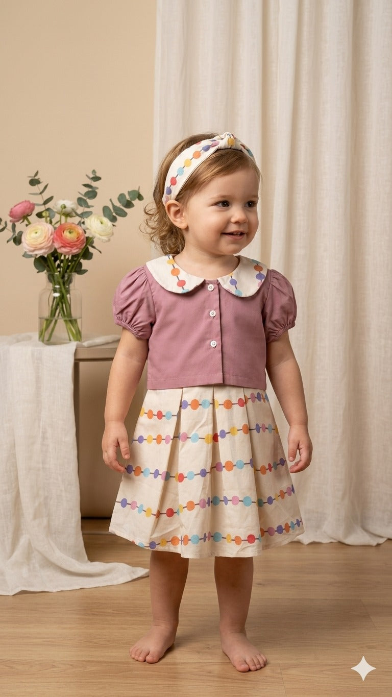 Color Pop Girls Dress Set with Pink Puff Sleeve Top