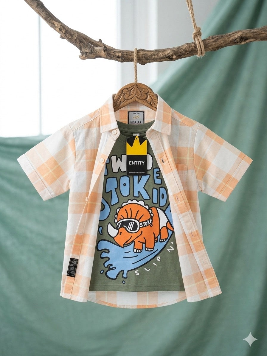 Casual Double Shirt Orange Check | Dino Print