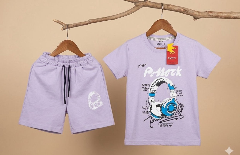 T-Shirt & Shorts Set – Purple Headphone Print