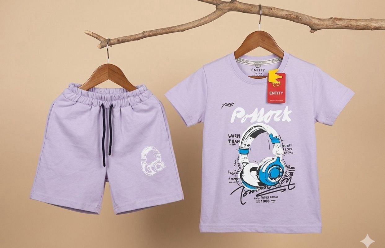 T-Shirt & Shorts Set – Purple Headphone Print
