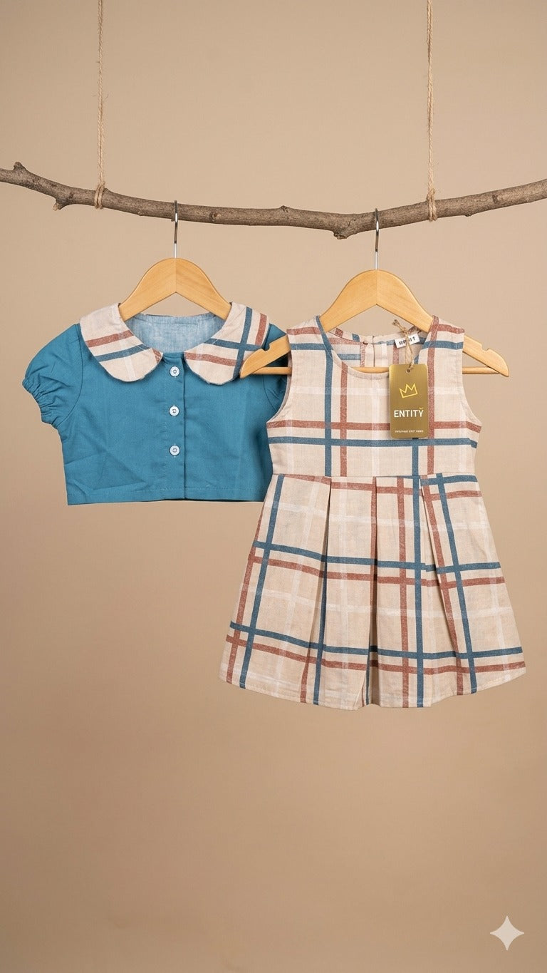 Beige Plaid Frock with Blue Collar Top