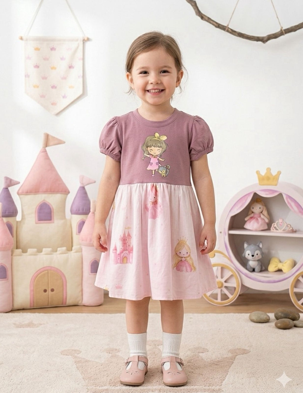 Girls Princess Printed Dress – Pink & White