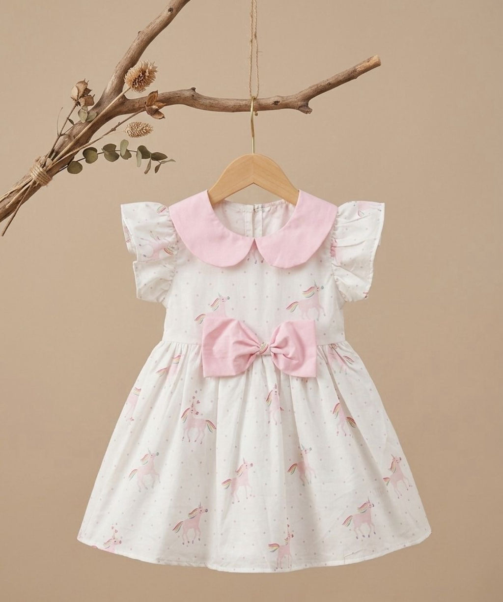 Unicorn Print Baby Girl Dress with Pink Bow