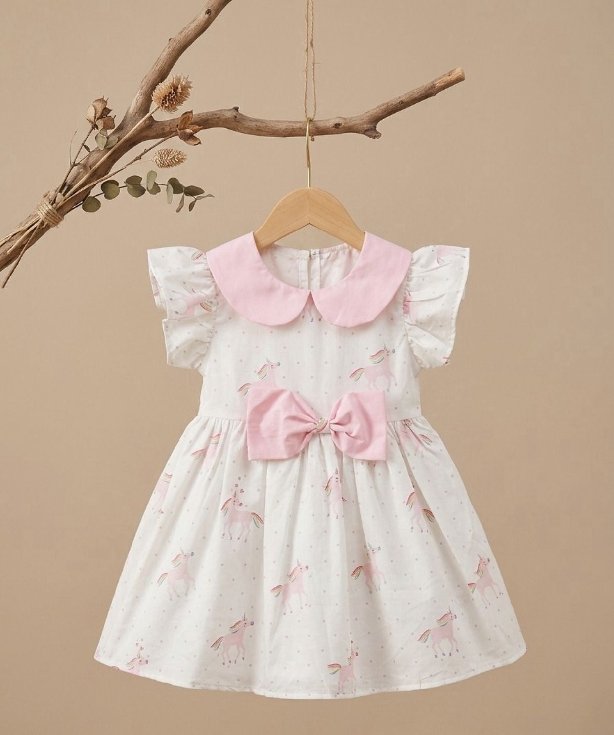 Unicorn Print Baby Girl Dress with Pink Bow