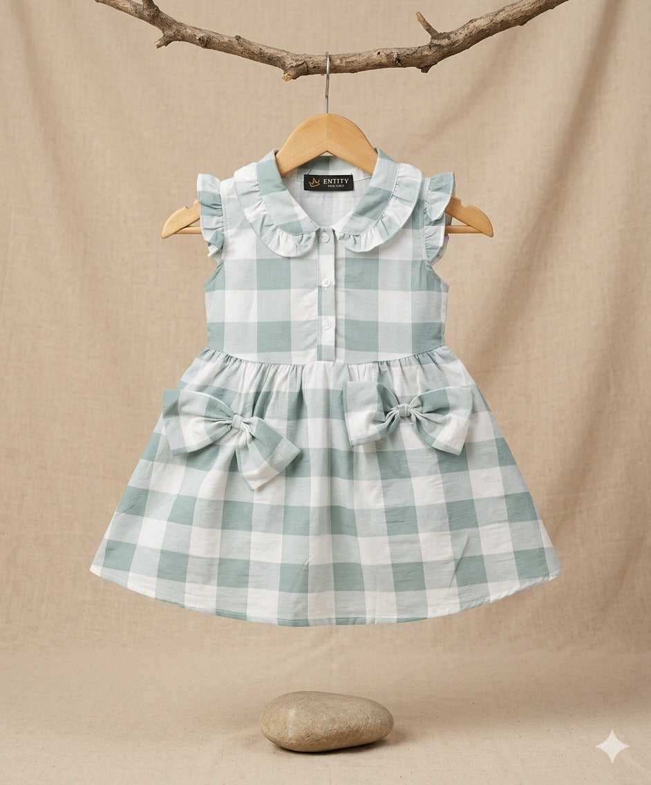 Baby Girl Sea Green Check Bow Dress – Soft Cotton