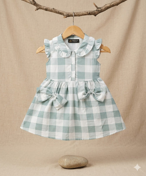 Baby Girl Sea Green Check Bow Dress – Soft Cotton