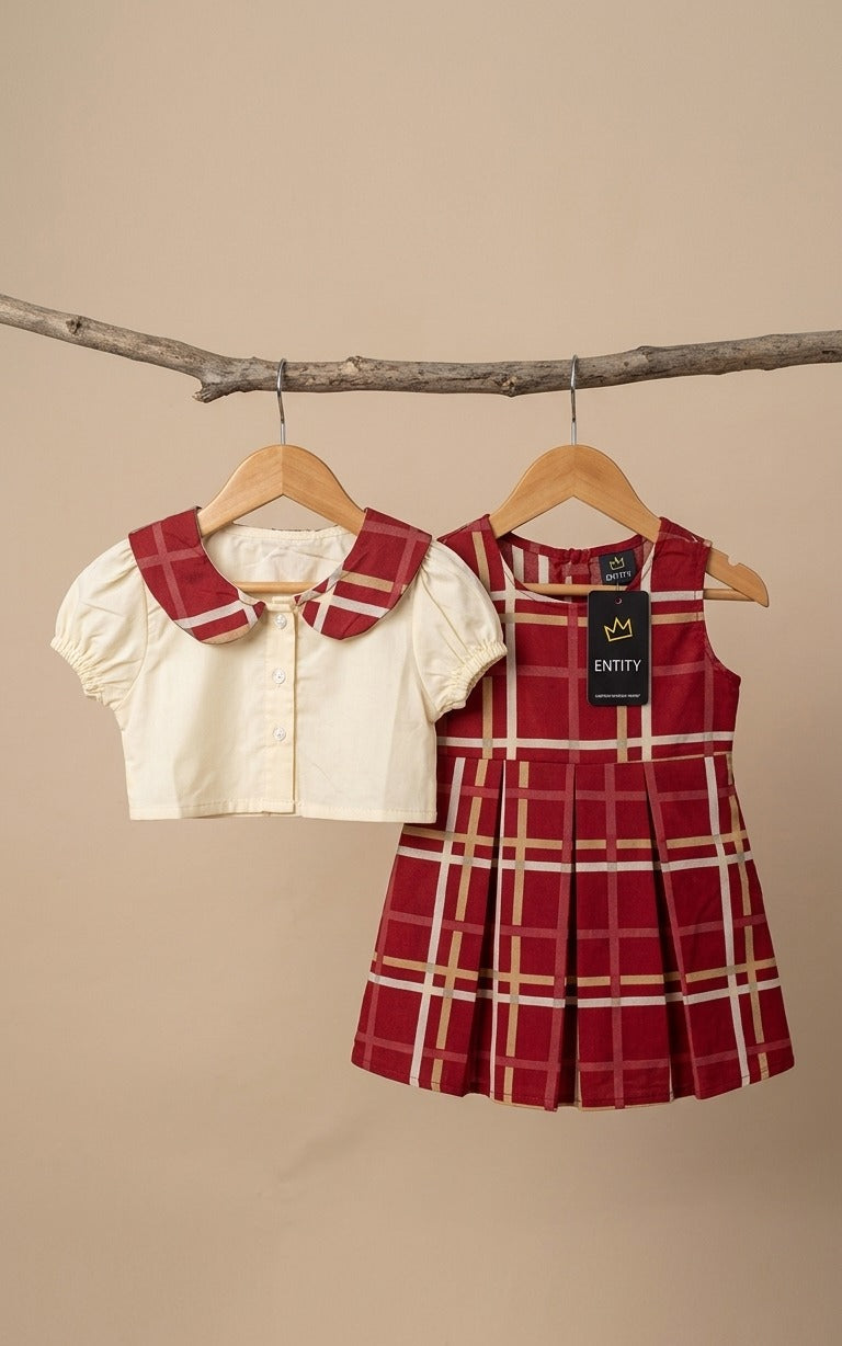 Red Plaid Frock with White Collar Top
