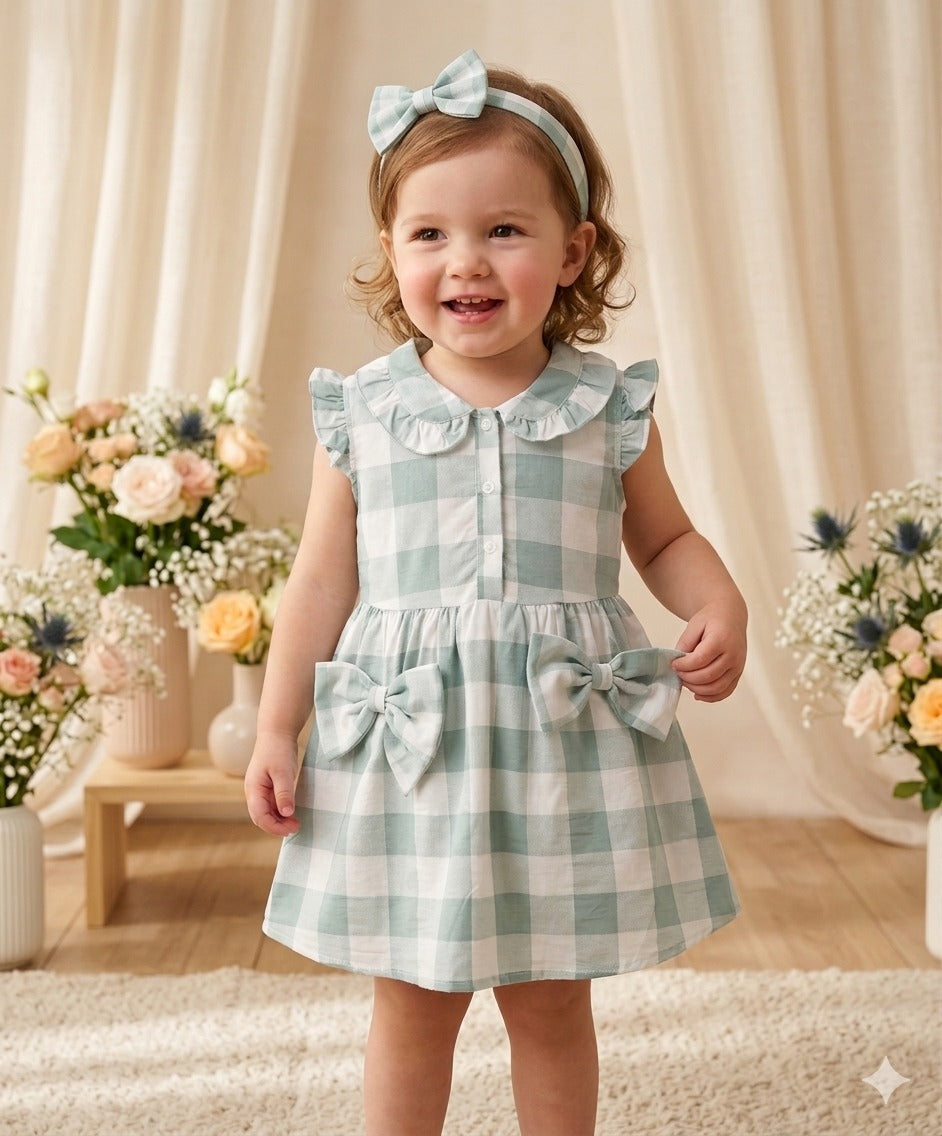 Baby Girl Sea Green Check Bow Dress – Soft Cotton