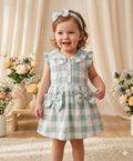 Baby Girl Sea Green Check Bow Dress – Soft Cotton
