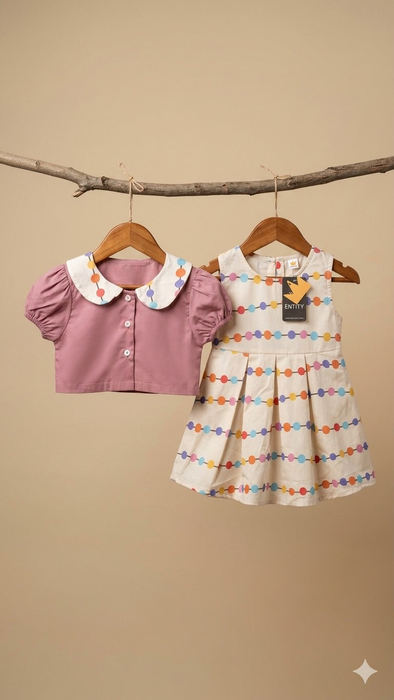 Color Pop Girls Dress Set with Pink Puff Sleeve Top