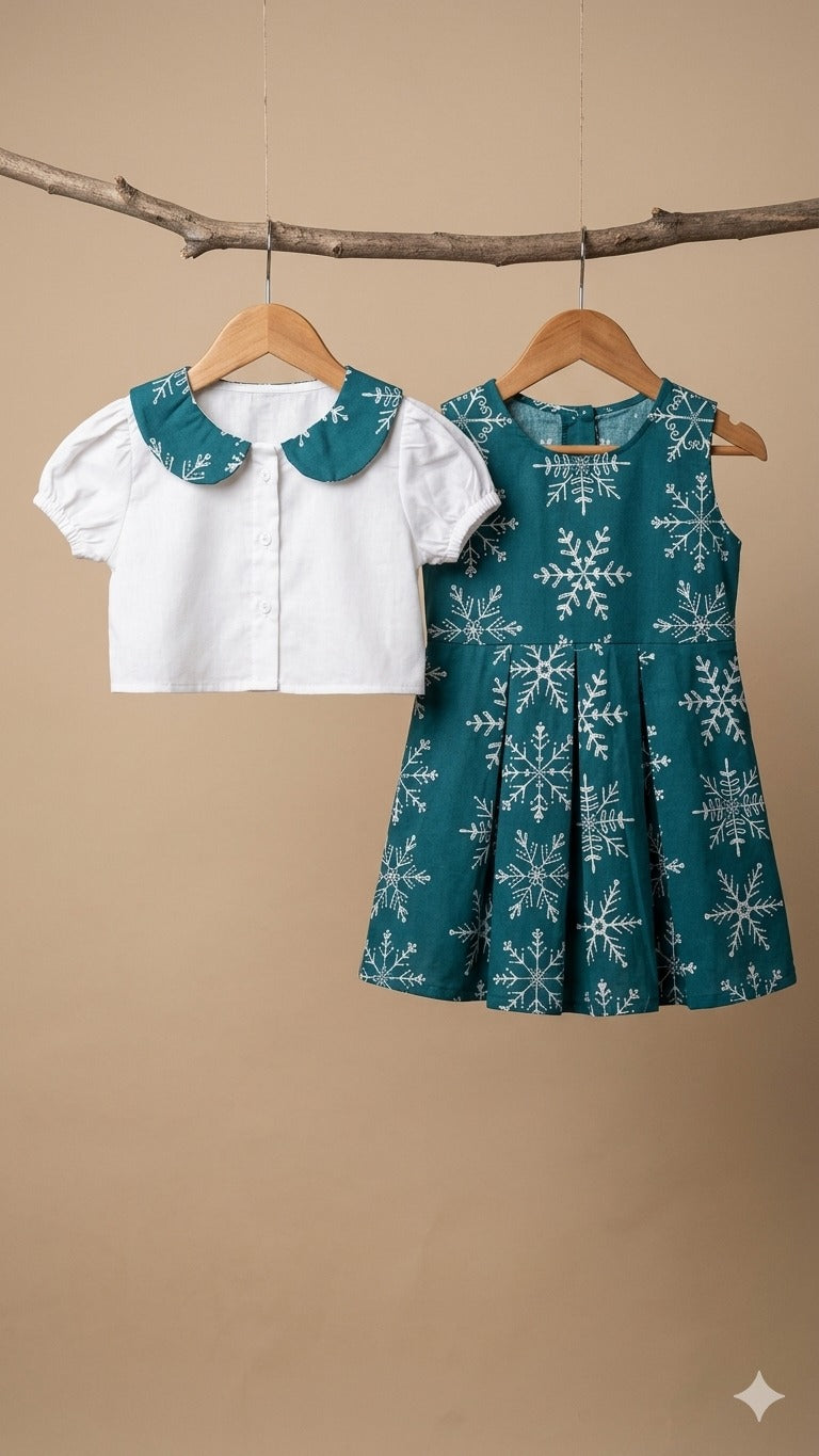 Teal green Snowflake Frock with White Collar Top