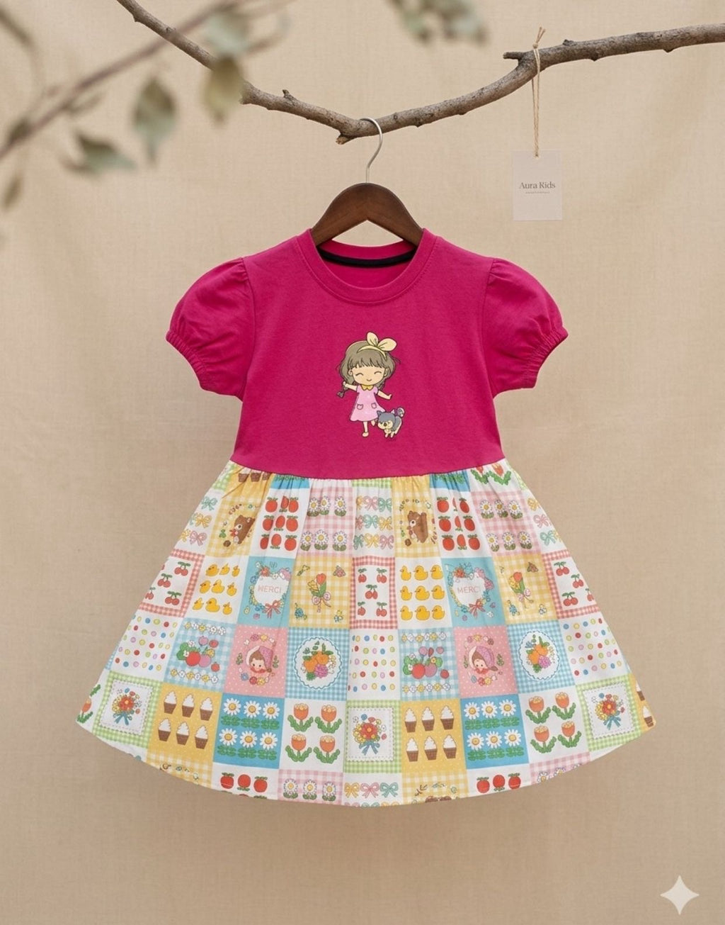 Girls Cute Cartoon Printed Dress – Pink Top Multi Color Skirt