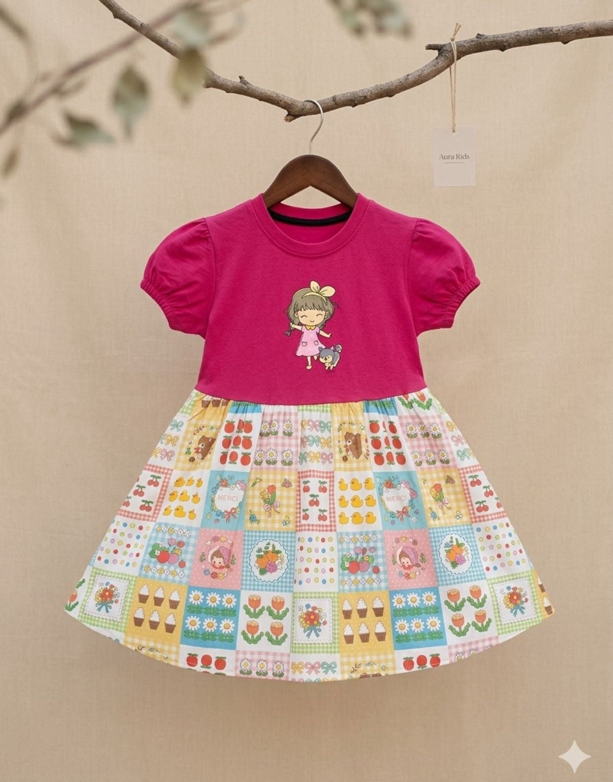Girls Cute Cartoon Printed Dress – Pink Top Multi Color Skirt
