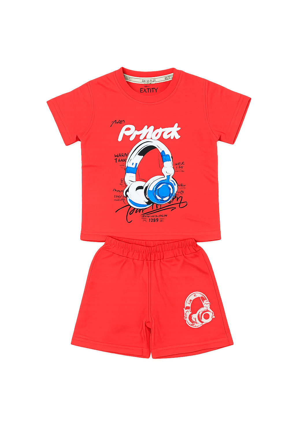 Boys Red T-Shirt & Shorts Set – Headphone Print Kids Summer Outfit