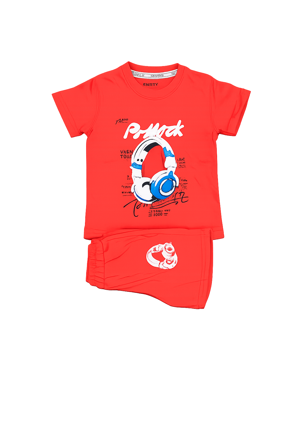 Boys Red T-Shirt & Shorts Set – Headphone Print Kids Summer Outfit
