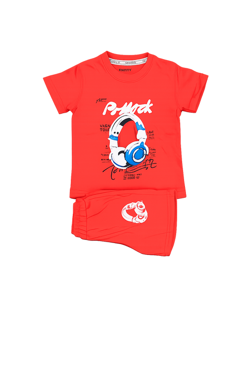 Boys Red T-Shirt & Shorts Set – Headphone Print Kids Summer Outfit