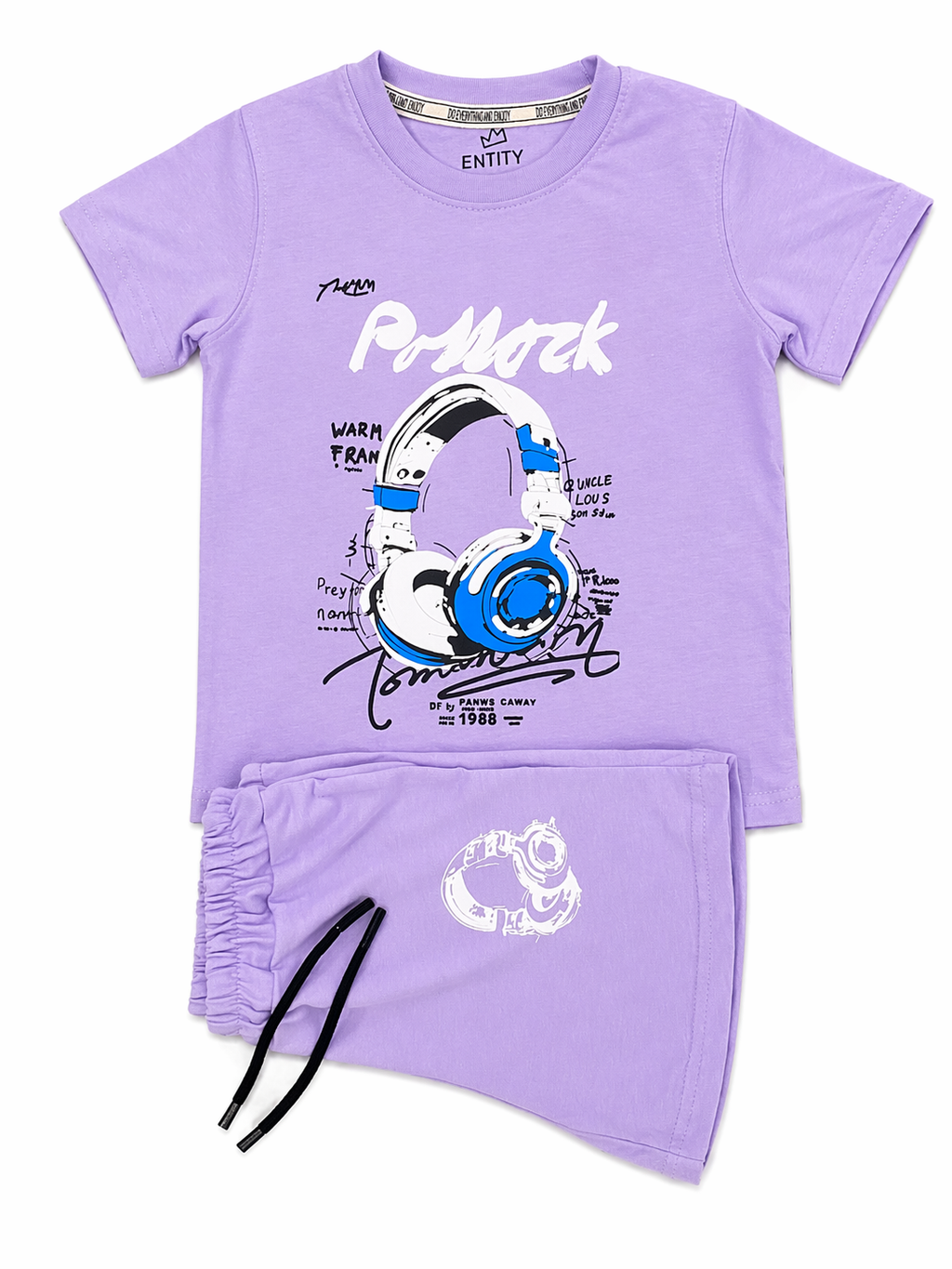 Boys Summer T-Shirt & Shorts Set – Purple Headphone Print Kids Outfit