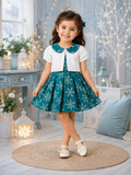 Teal green Snowflake Frock with White Collar Top