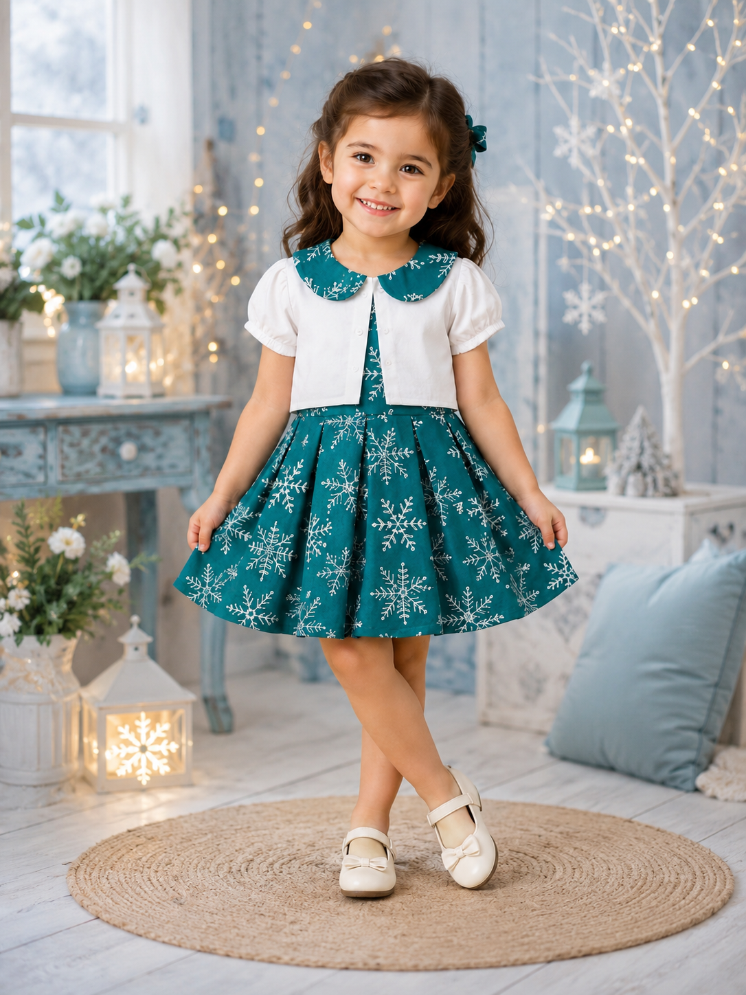 Teal green Snowflake Frock with White Collar Top