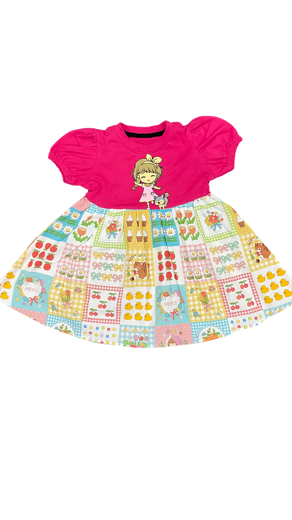 Girls Cute Cartoon Printed Dress – Pink Top Multi Color Skirt Summer Dress for Kids