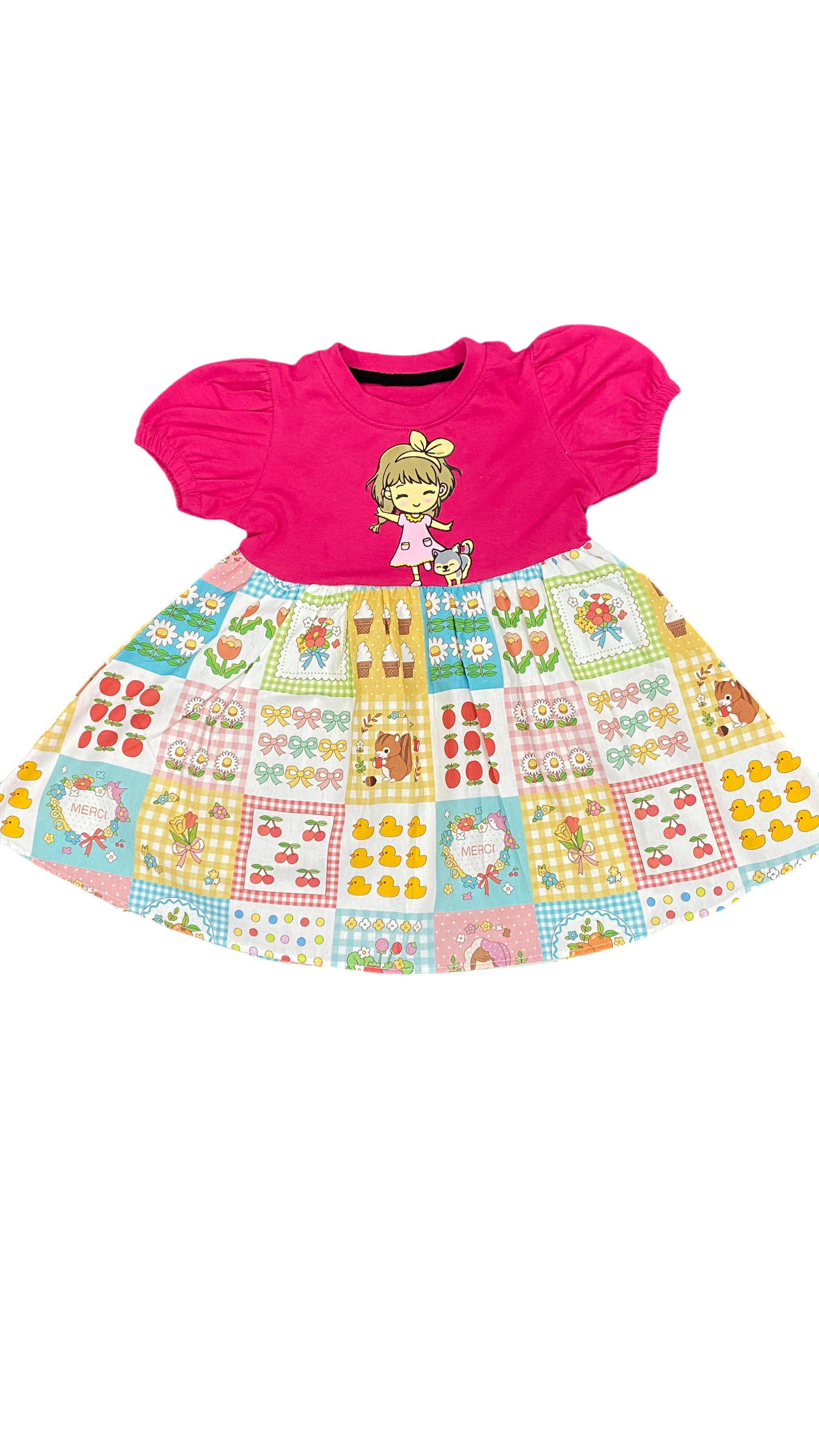 Girls Cute Cartoon Printed Dress – Pink Top Multi Color Skirt Summer Dress for Kids
