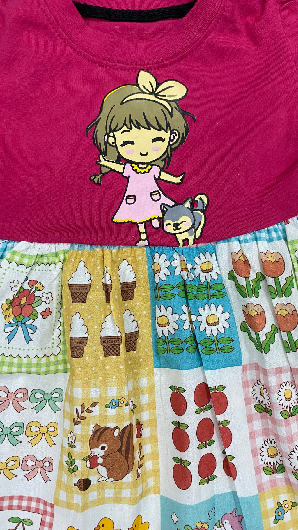 Girls Cute Cartoon Printed Dress – Pink Top Multi Color Skirt Summer Dress for Kids