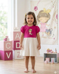 Girls Cute Cartoon Dress – Pink & White Cotton