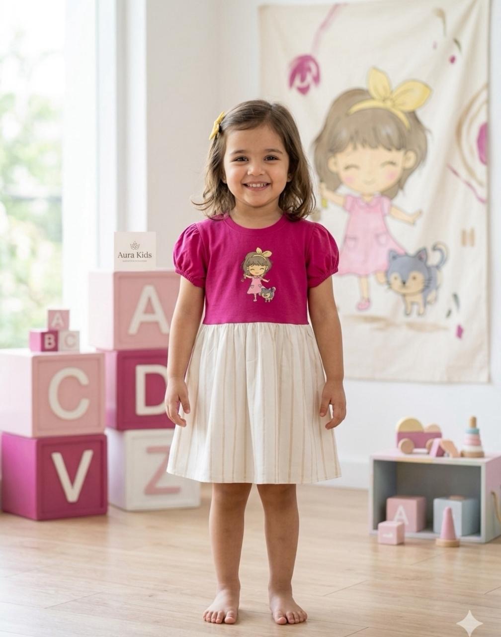 Girls Cute Cartoon Dress – Pink & White Cotton