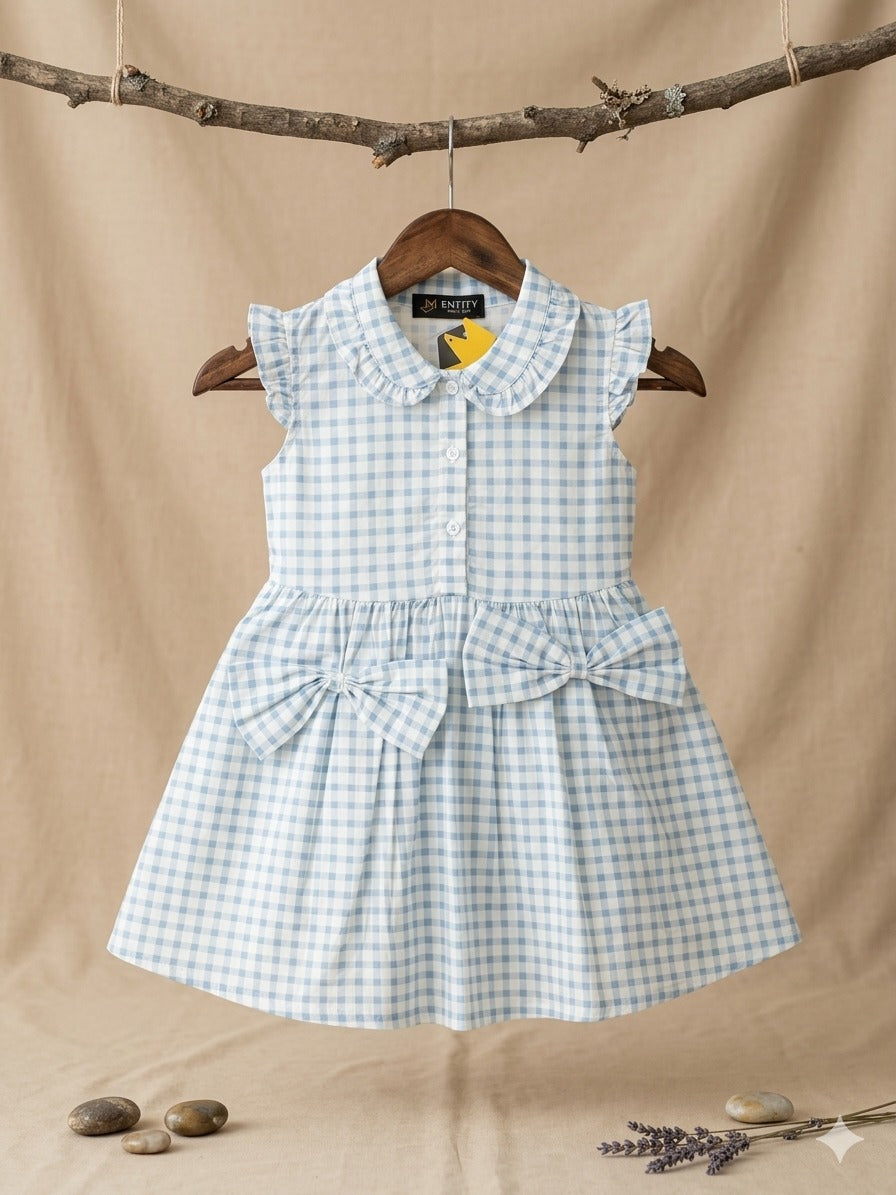 Baby Girl Blue Check Bow Dress – Soft Cotton