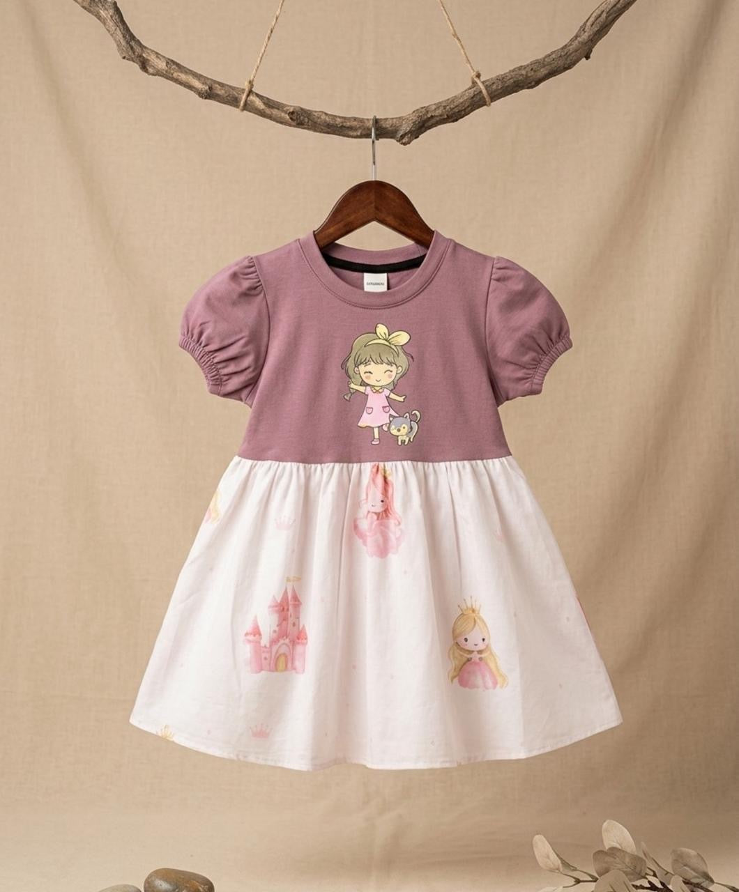 Girls Princess Printed Dress – Pink & White