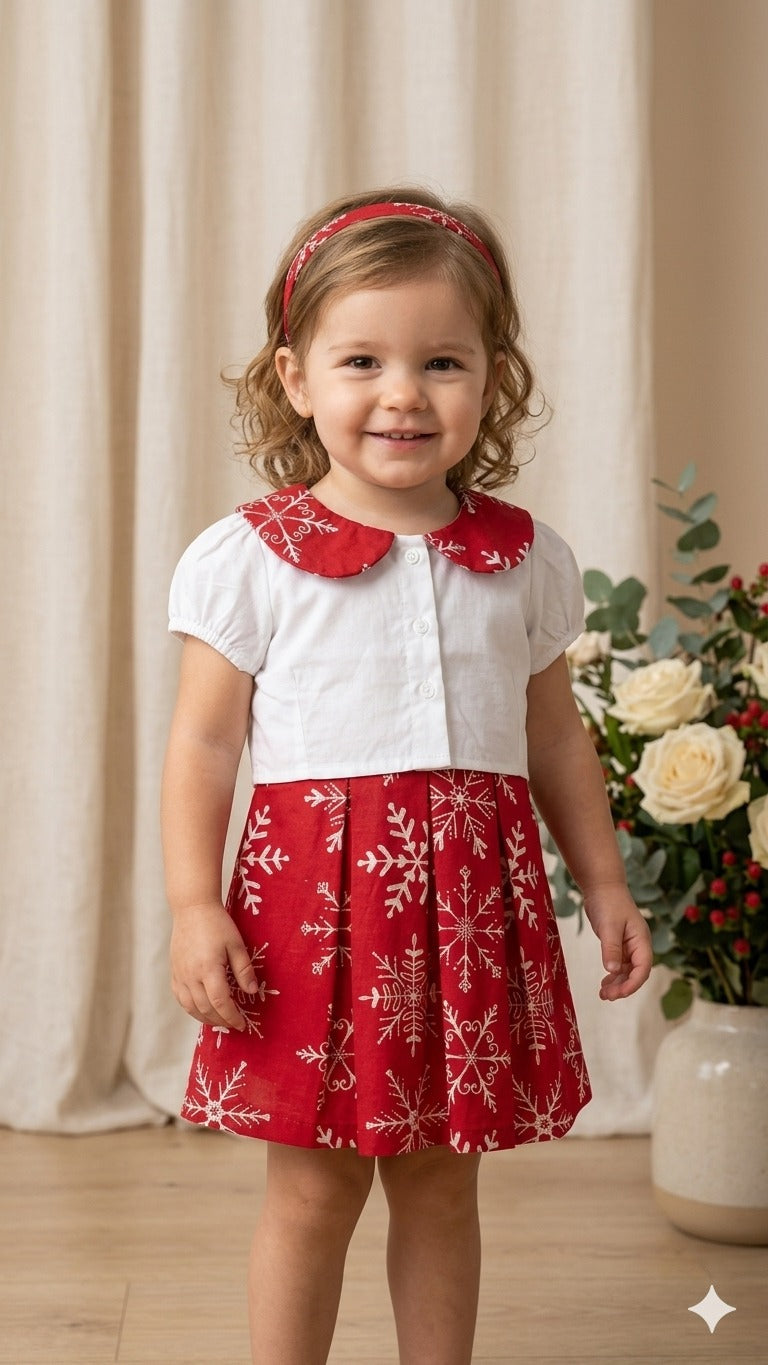 Red Snowflake Frock with White Collar Top