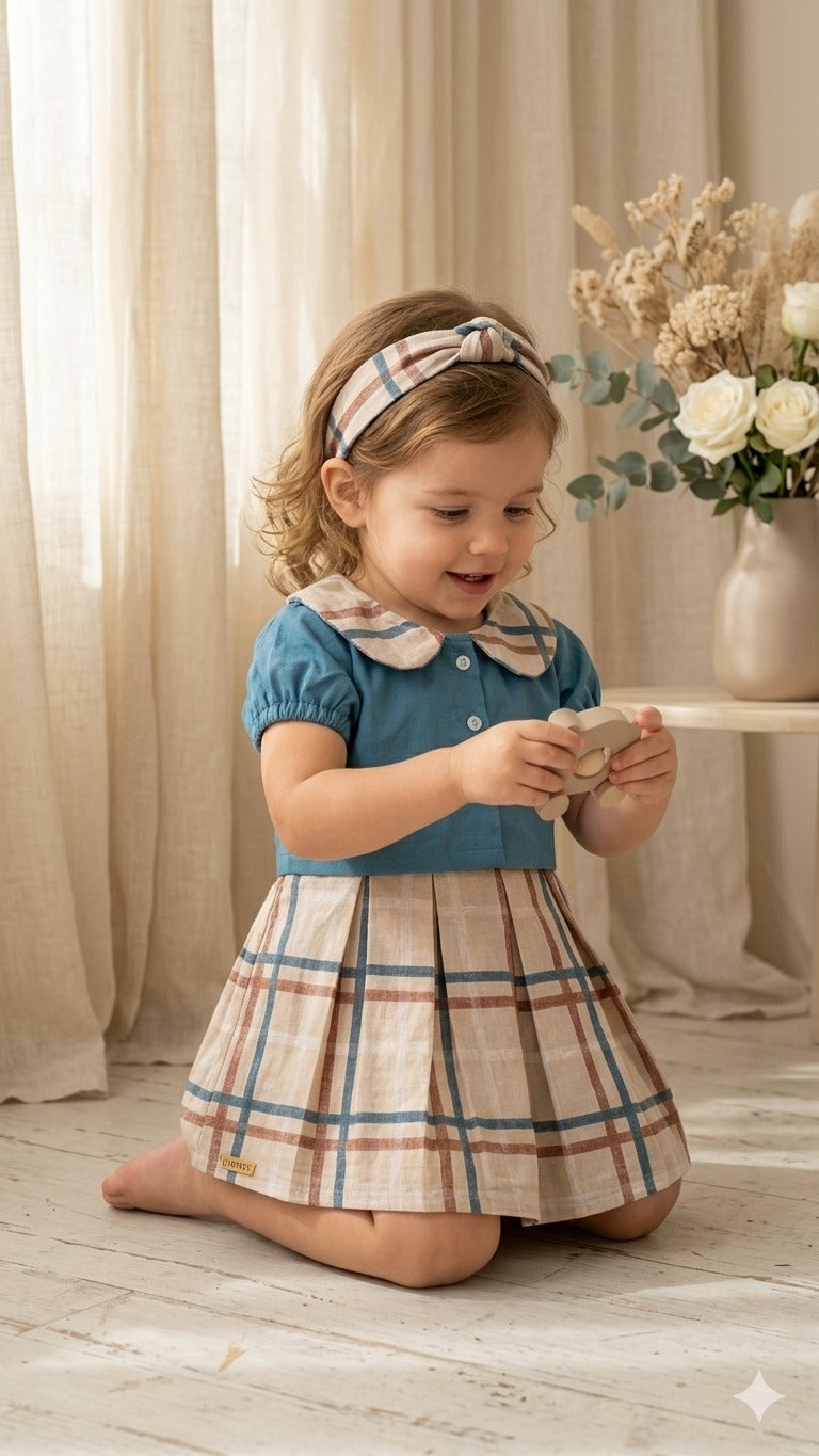 Beige Plaid Frock with Blue Collar Top