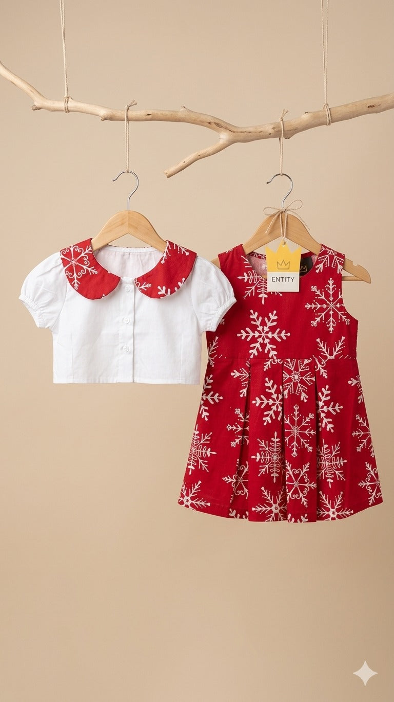 Red Snowflake Frock with White Collar Top