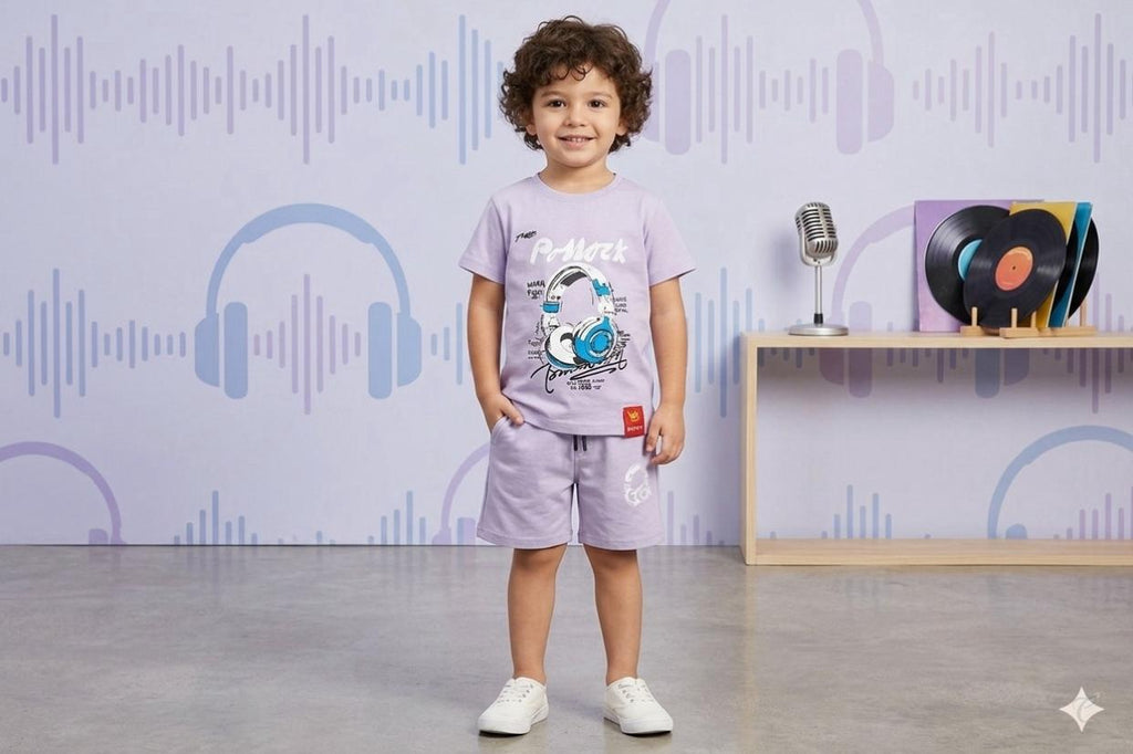 T-Shirt & Shorts Set – Purple Headphone Print